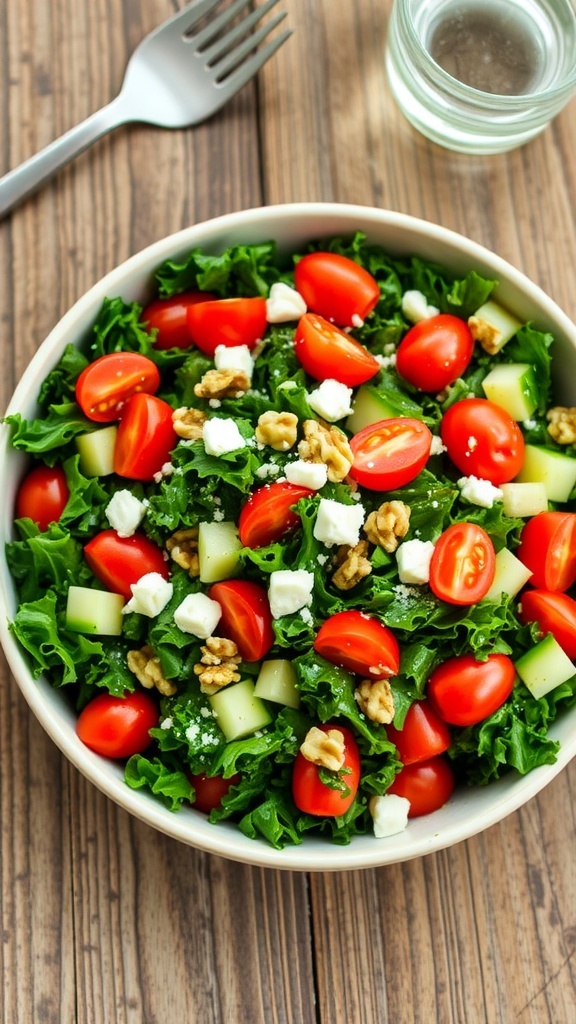 A colorful kale salad with cherry tomatoes, cucumber, feta cheese, and walnuts in a bowl on a wooden table.